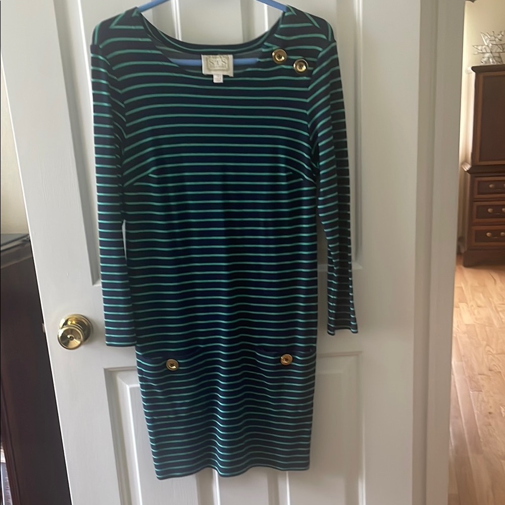 STS, Sail to Stable. Striped Long Sleeve Dress with Gold Buttons. S. Nice.